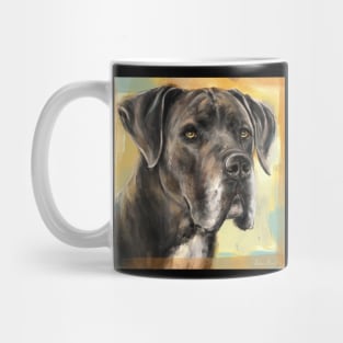 Close Up Painting of a Brown Great Dane on a Orange Yellow Background Mug